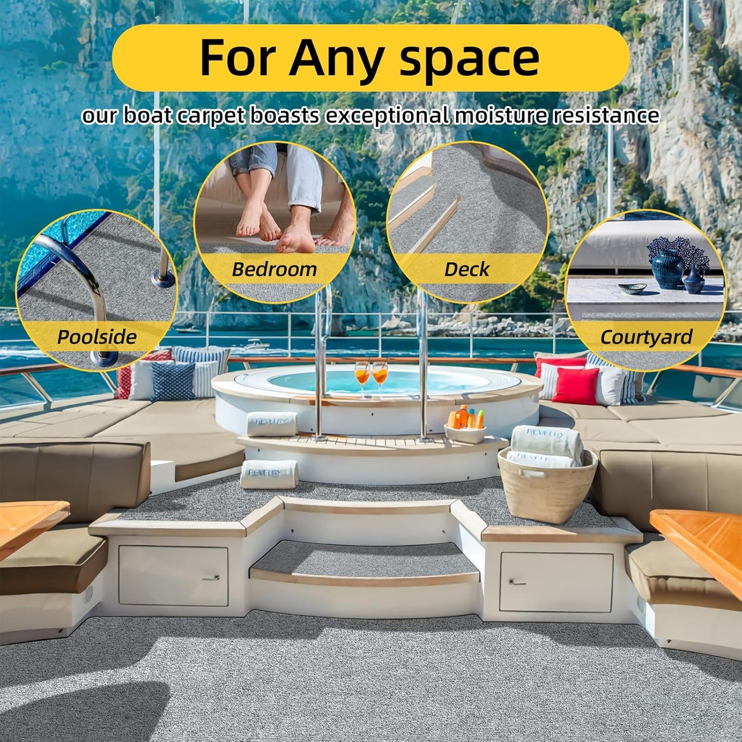 Marine Carpet,5 FT x 20 FT Smoke Gray Indoor Outdoor Carpet 0.2" Thick Boat Carpet with Water-Proof TPE Backing, Non-Slide Outdoor Marine Carpet Roll for Home, Patio, Porch, Deck