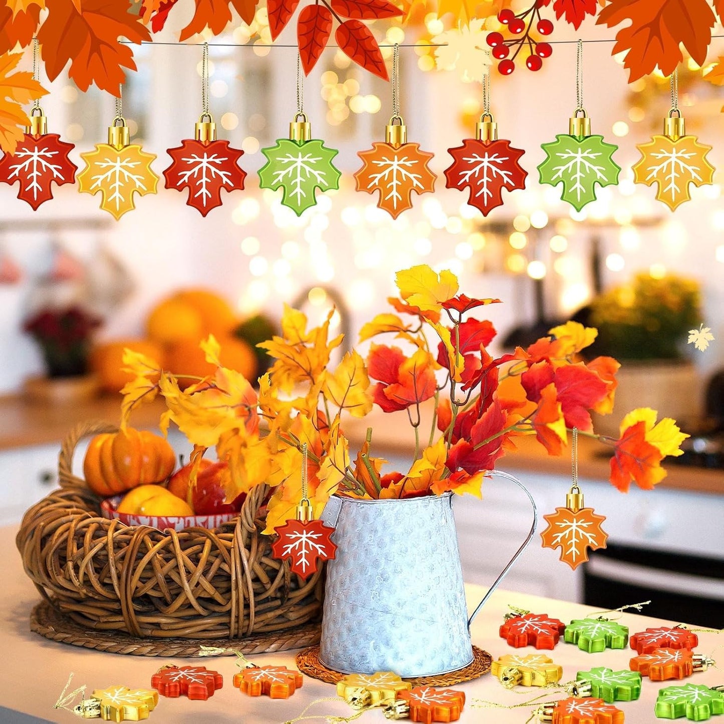 JULMELON 24Pcs Maple Leaf Ornaments, Fall Leaves Tree Decorations Autumn Harvest Hanging Ornaments with Rope Maple Pendant for Farmhouse Rustic Party Favors Craft Supplies