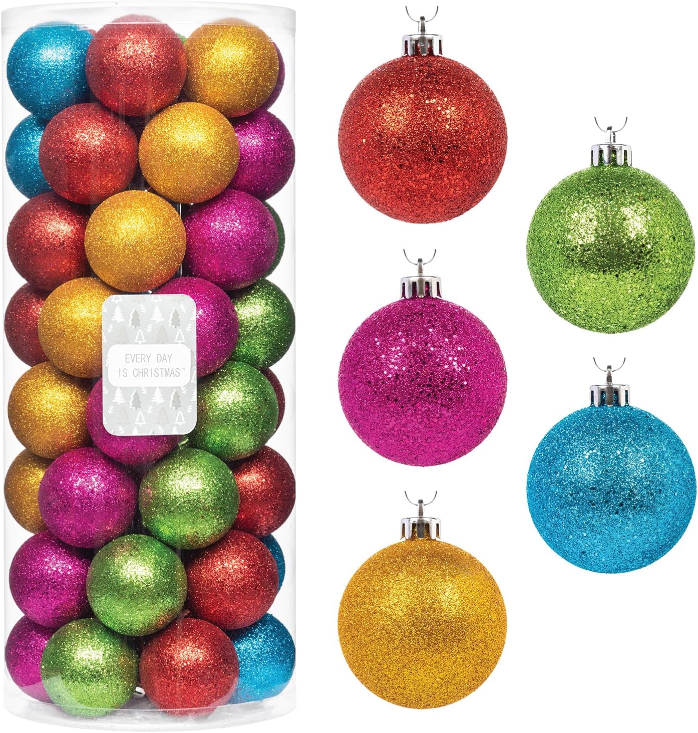 Every Day is Christmas Ornaments, Shatterproof Christmas Tree Ornament Set, Christmas Balls Decoration 50 Count (2.24"/57mm, Glitter Rainbow)
