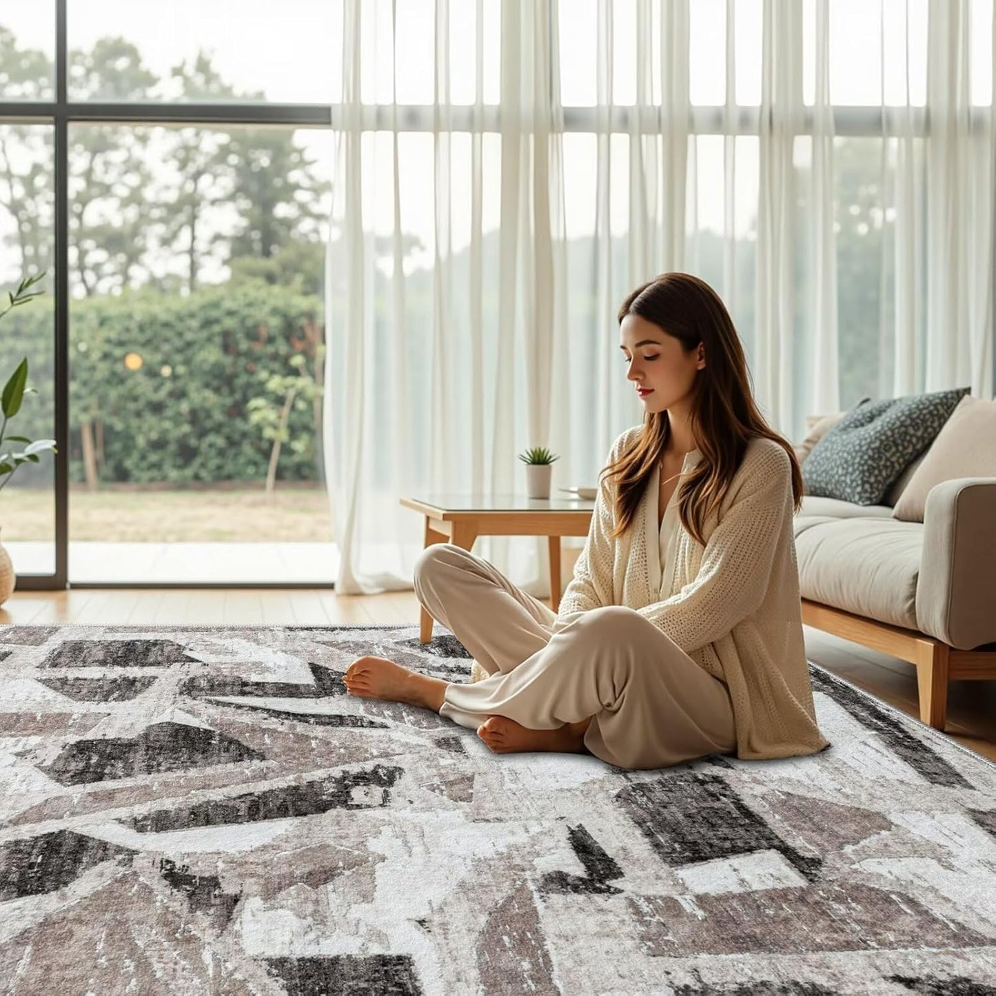 Modern Abstract 8X10 Area Rug for Living Room Bedroom Washable, with Non-Slip Rubber Backing Print Faux Wool Thin, Grey Throw Large Carpet for Kids Playroom Dining Room Pet & Child Friendly