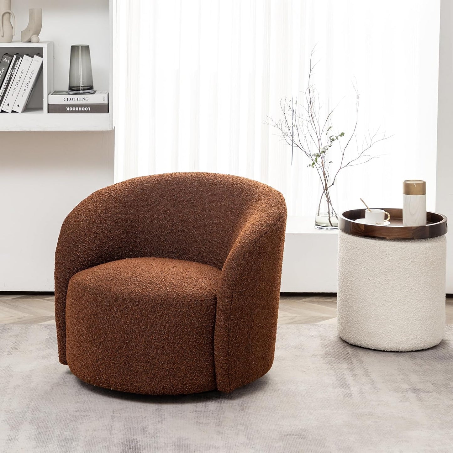 KINWELL 34" Boucle Swivel Barrel Chair with 18" Round Ottoman Set, Fully Assembled Set of Sherpa Accent Chair and Footrest, Modern Comfy Armchair and Footstool for Living Room and Bedroom, Brown