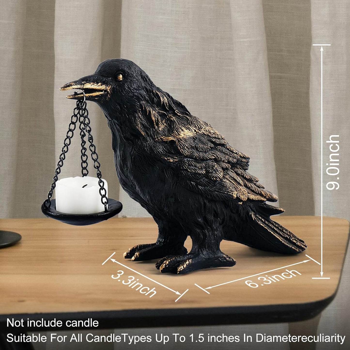Raven Gothic Home Decor Fake Crow Light Holder Raven Lamp Tealight Candle Holder Resin Raven Statue Wearing Gold 2PCS