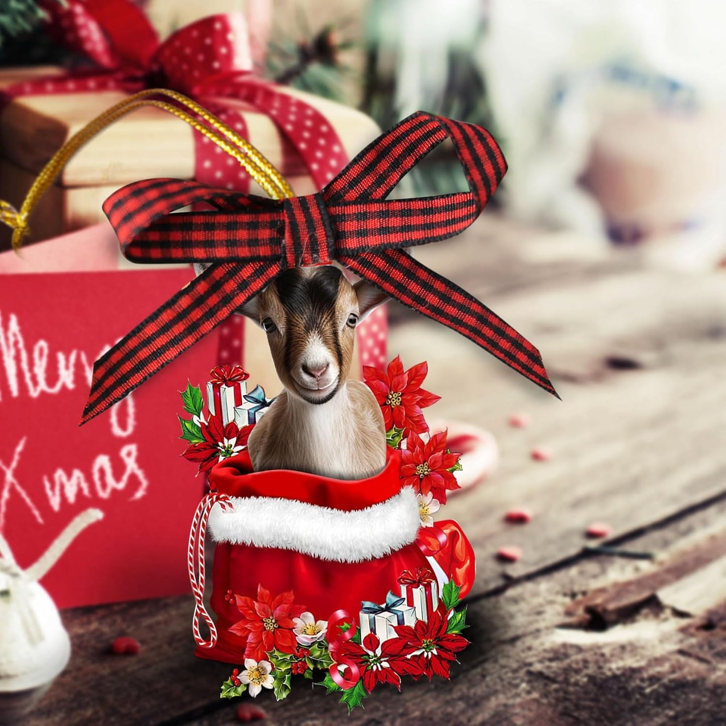 Talataca Goat 2D Flat Wooden Christmas Ornament, Goat Farm Animal in Red Santa Gift Bag Pine Tree Decor, Hanging House Charm Eve Keepsake, Wood Car Mirror Accessories, Xmas Gift