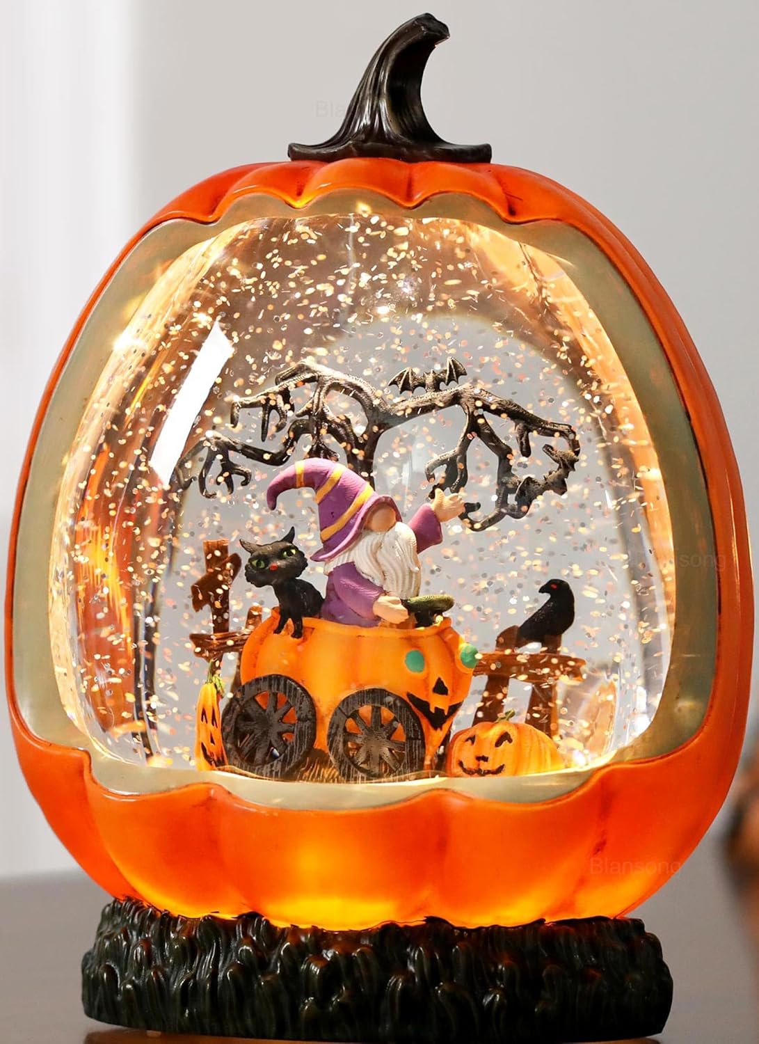 Halloween Snow Globe Pumpkin Halloween Decorations Indoor Gnome Black Cat Bat Swirling Glitter Timer