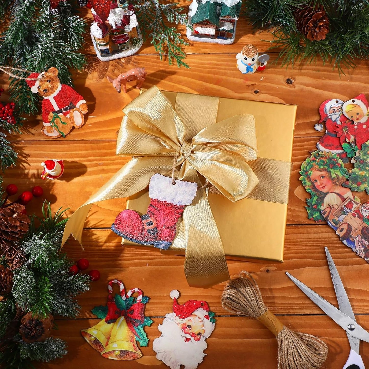 48 Pcs Victorian Style Wood Christmas Tree Ornaments - Hanging Vintage Decorations With Santa Claus and Snowman - Retro Wooden Ornament (Vivid Style)