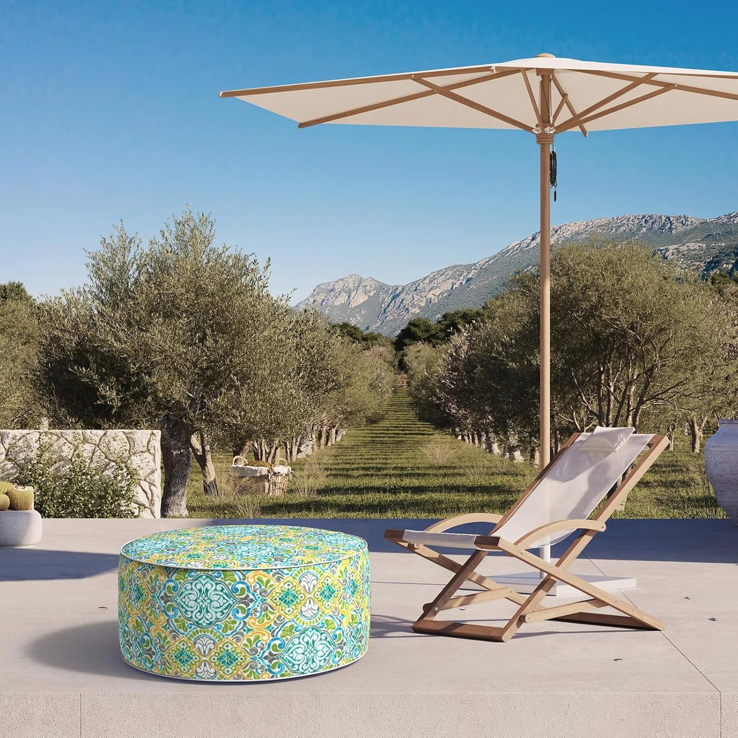 Inflatable Ottoman Stool D31 xH14 for Outdoor/Indoor Use, Water Repellent Patio Foot Rest Stool with Portable Handle,Round Pouf Ottoman Suitable for Garden,Deck and Camping - Damask Green