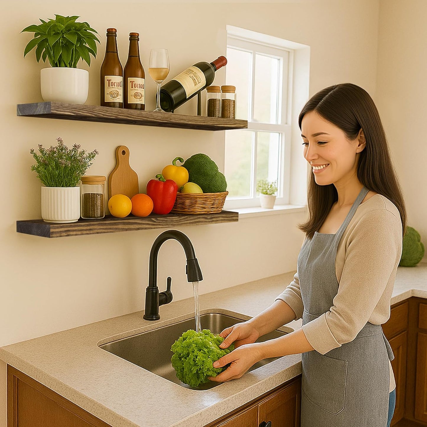 BGMG Wood Floating Shelves for Wall 36 inch Set of 2,Rustic Wooden Wall Mount Shelves for Bathroom Living Room Bedroom Kitchen Farmhouse -36x 6.7 x1.25 inch- Walnut Color