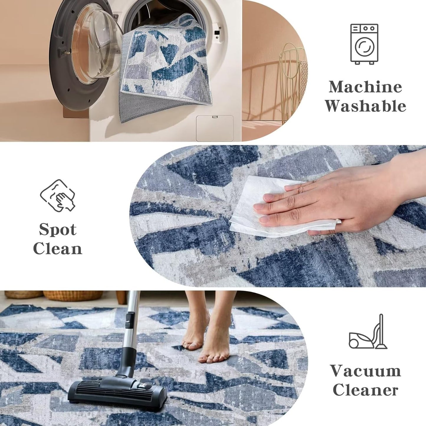 Modern Abstract Blue 6X9 Area Rug for Living Room Bedroom Washable, with Non-Slip Rubber Backing Print Faux Wool Thin, Throw Large Carpet for Kids Playroom Dining Room Pet & Child Friendly