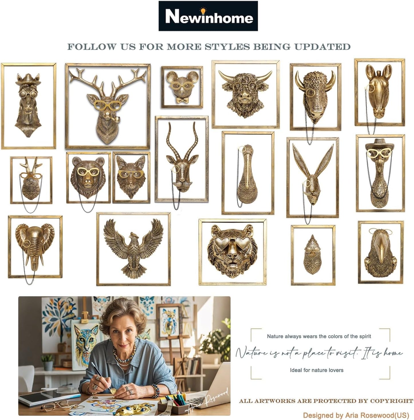 Animal Heads Wall Decor Resin Animals Sculptures Head Wall Hanging Decoration Gold vintage Wall Sculpture for Living Room Bedroom Office(Deer,not include metal frames)