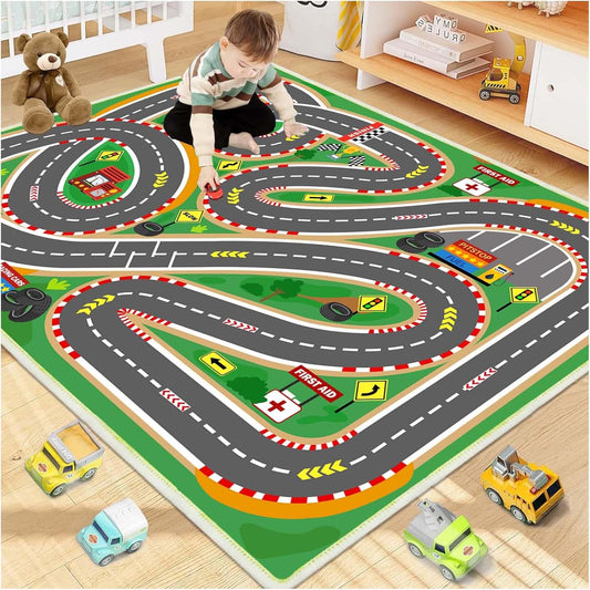 Kids Rug Play mat Playroom Rugs Car Rugs for Kids Toy Cars Race Track for Classroom Rug (Race-Green, 5.2x7.9ft)