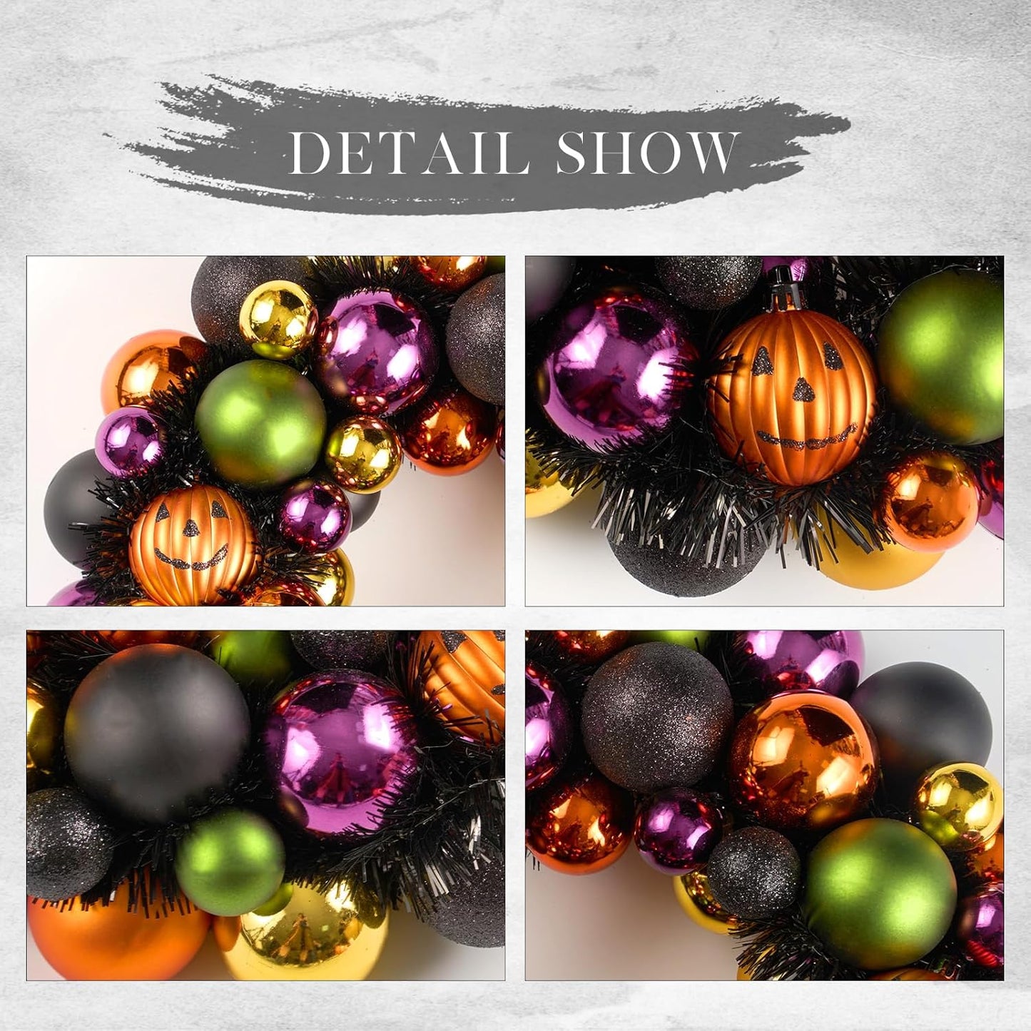 JORNOY 13inch Small Halloween Ball Wreath with Ghost&Pumpkin Accents - Seasonal Orange/Black Wall Hanging, Front Door, Mantel, Porch Decor for Home