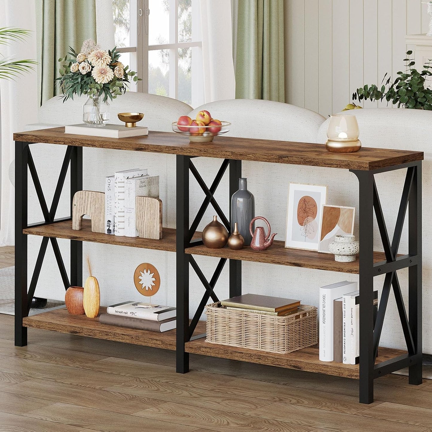 LVB Wood Console Table, Rustic 3 Tier Sofa Table Behind Couch, Industrial Metal Entryway Table with Storage Shelf, Farmhouse Wooden Foyer Hallway Table for Entry Living Room, Rustic Brown, 55 Inch