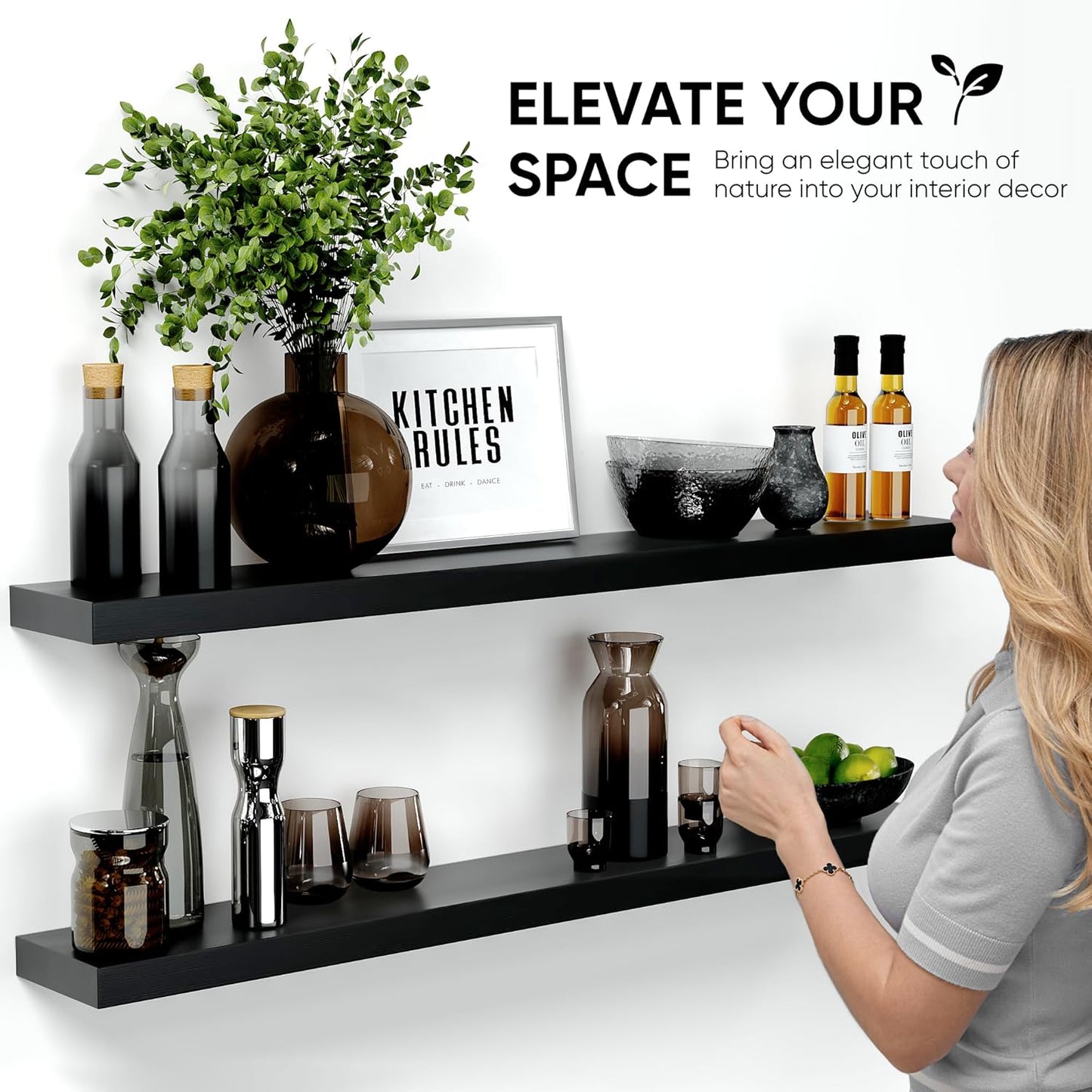 Homeforia Floating Black Shelf 42 inch, High End Solid Real Wood 42 inches Long Floating Shelves for Wall, Black Wooden 42inch Large Floating Shelves, Heavy Duty Bracket, 42 X 6.5 X 1.75 in, Set of 2