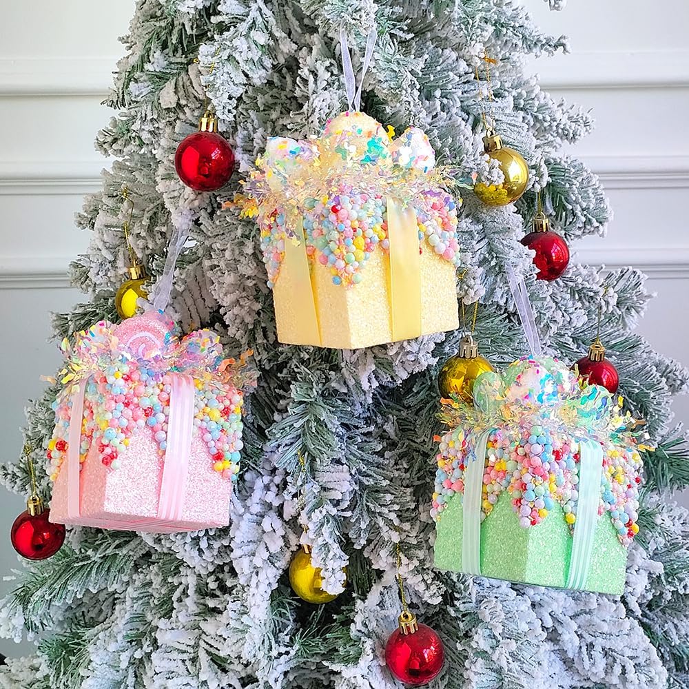 Christmas tree gift box ornament set,3 Pieces Macaron Color Candy Gift Hanging Ornaments for Christmas, New Year, Easter, Birthday (PINK GREEN YELLOW)