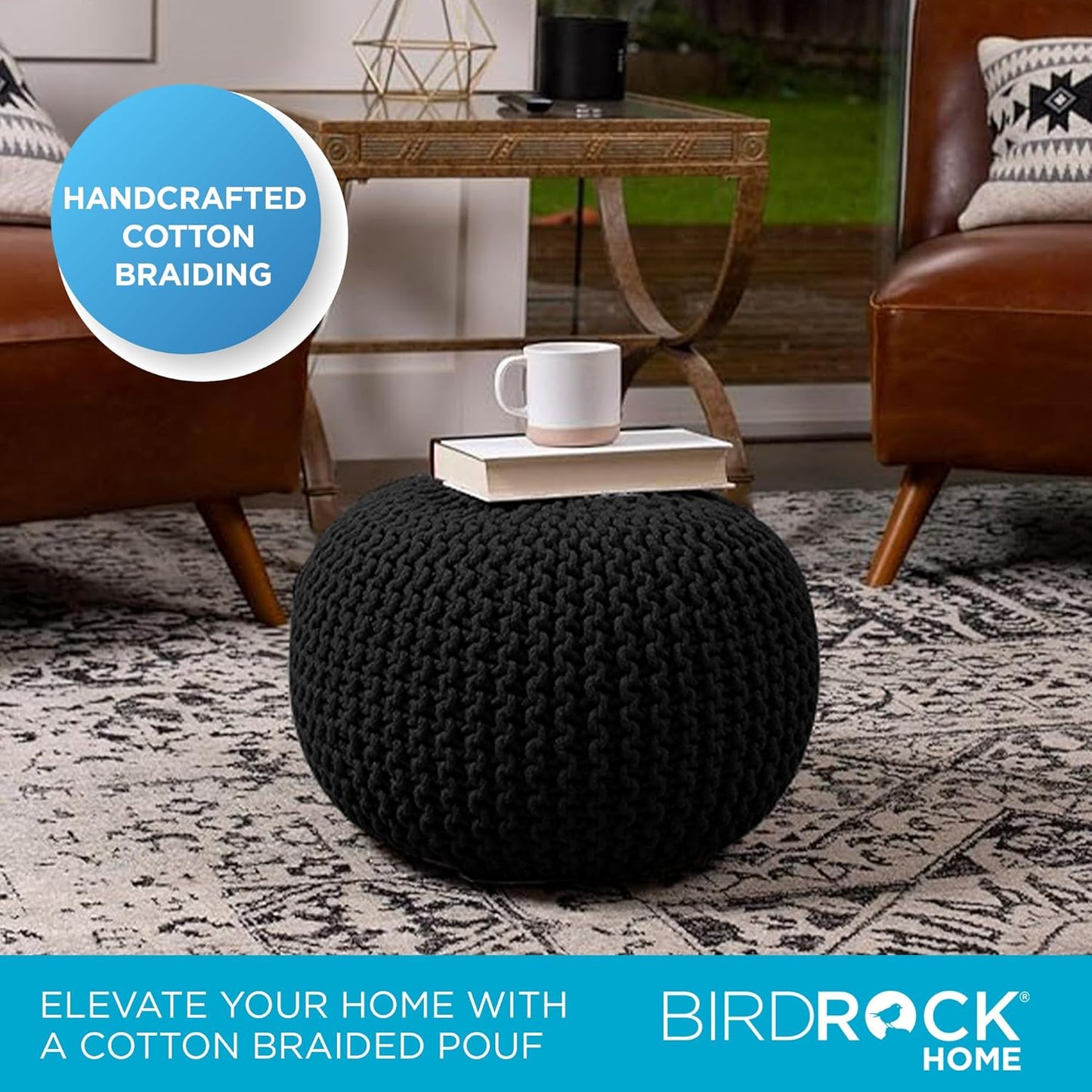 BIRDROCK HOME Round Pouf Ottoman | Cotton Braided Foot Stool with Bean Bag Filling | Boho Foot Rest for Living Room & Bedroom | Compact & Comfortable Seating, Lightweight & Soft | Black