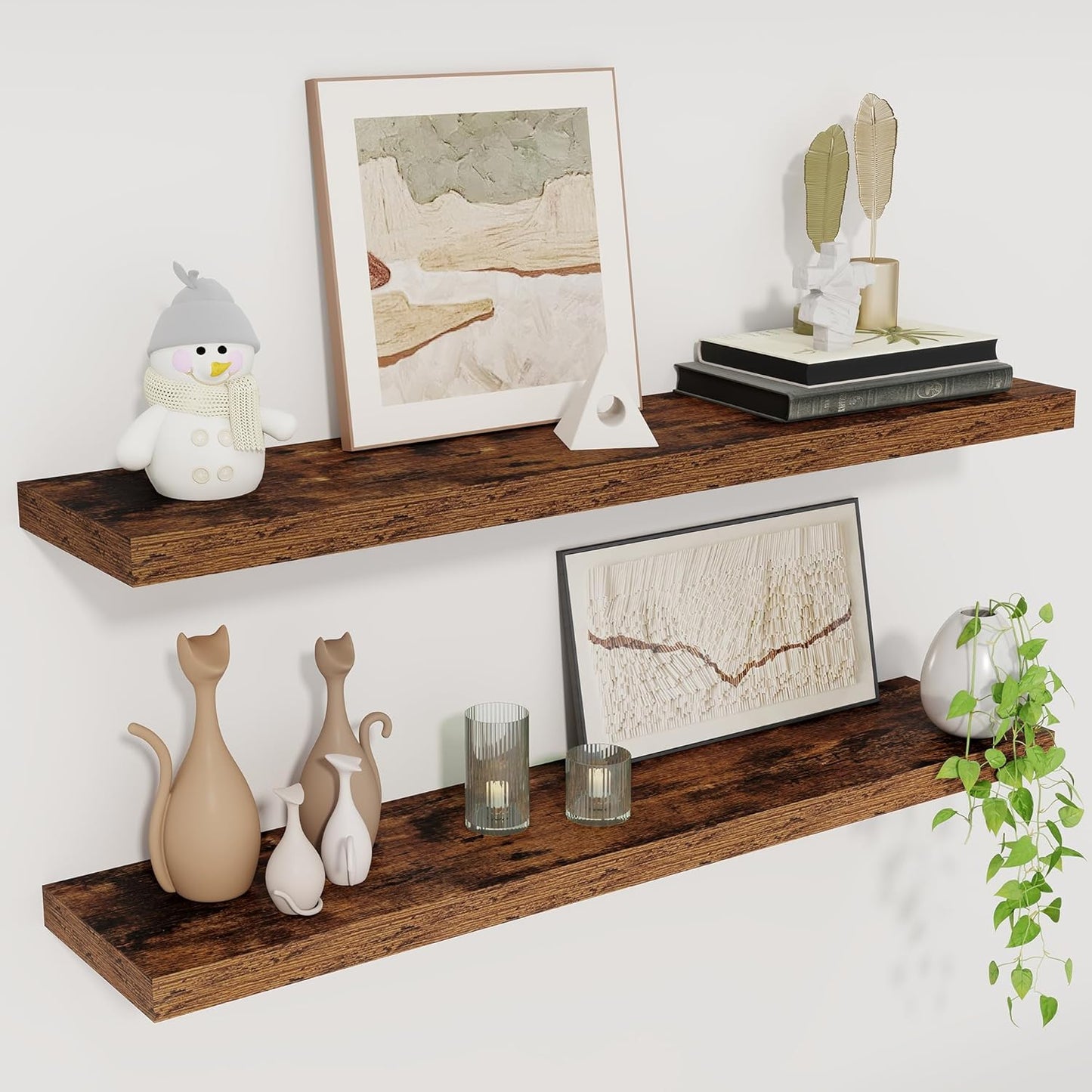 Fun Memories Floating Shelves for Wall, 30" Rustic Wood Deep Wall Mounted Shelves with Invisible Brackets for Decor & Storage, Floating Shelf for Living Room, Bathroom (Rustic Brown, Set of 2)