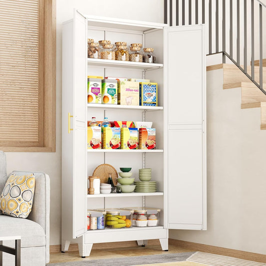 White Pantry Storage Cabinet,71" Kitchen Pantry with Doors and 4 Adjustable Shelves, Metal Storage Cabinet, for Office, Home, Garage, School