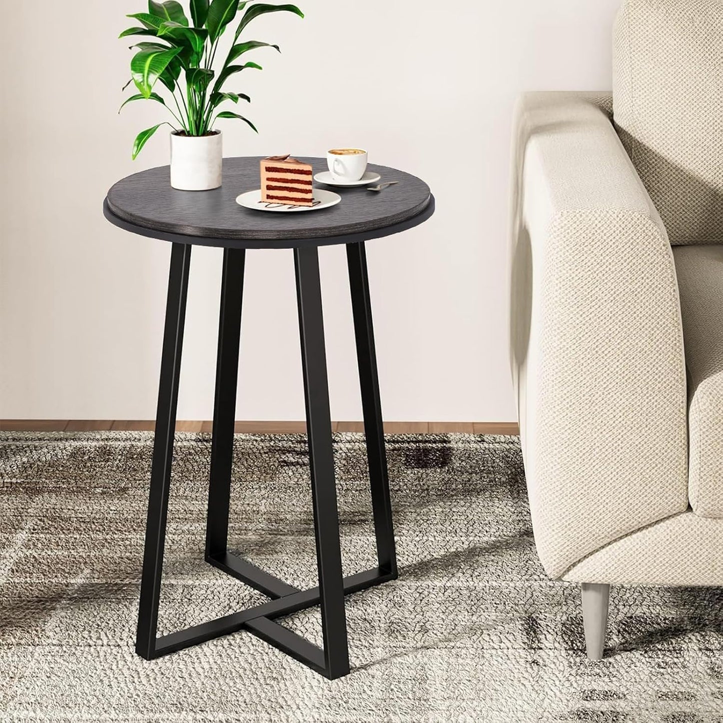 Round End Table, Small Side Table Grey Color MDF Top, Metal Frame Black, Tall End Side Table for Bed Room, Coffee Tea End Table for Living Room(Round Grey)