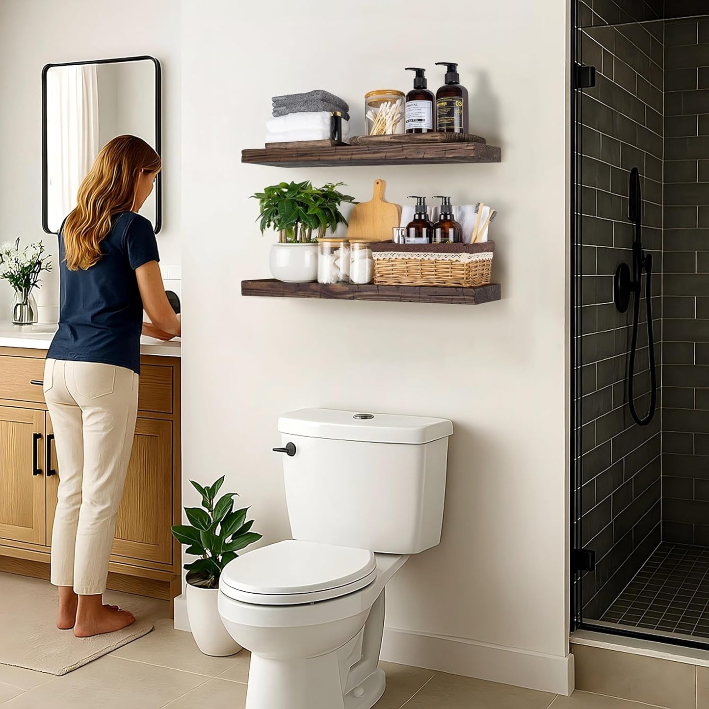 BGMG Floating Shelves 24 inch Long, Distressed,Wide Rustic Wooden Wall Shelves for Bathroom Living Room Bedroom Kitchen Farmhouse Set of 2-24x6.7x1.25 inch-Distressed Walnut