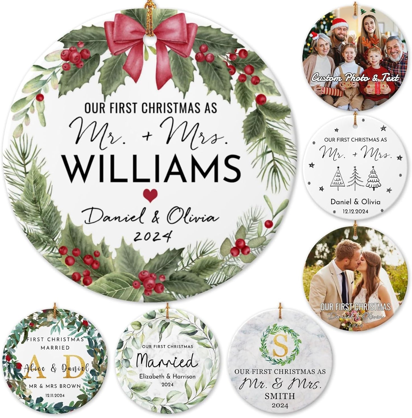 Personalized First Christmas Married Ornament 2025 Custom Mr and Mrs Wedding Christmas Ornaments with Name Date for Couples,Double-Sided Ceramic Customized Engagement Ornament