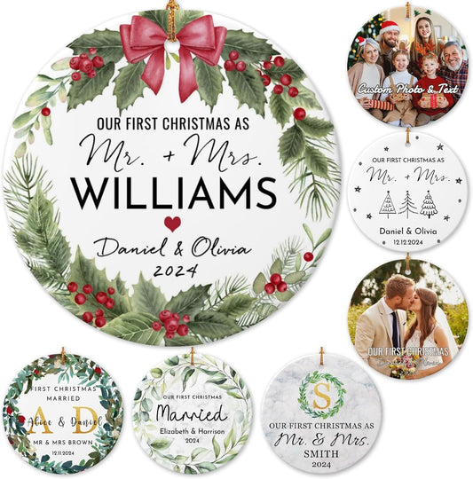 Personalized First Christmas Married Ornament 2025 Custom Mr and Mrs Wedding Christmas Ornaments with Name Date for Couples,Double-Sided Ceramic Customized Engagement Ornament
