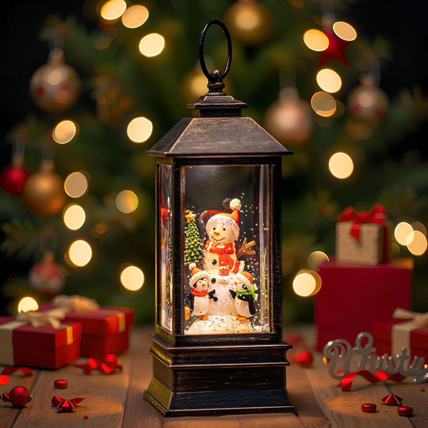 10'' Musical Snow Globe Lantern Lighted Snowman with Penguin Water Lantern Swirling Glittering Home Decoration and Gift, Battery Operated or USB Powered