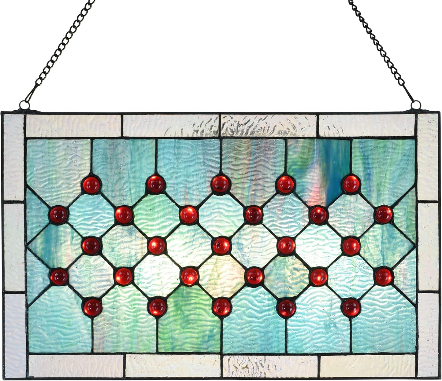 Tiffany Stained Glass 19.25" x 11.75" Window Panel, 100% Genuine Stained Glass and Cabochon, Handcrafted 73 Pieces, 9.25 by 11.75-inch, Hanging chain included, Blue/Green.