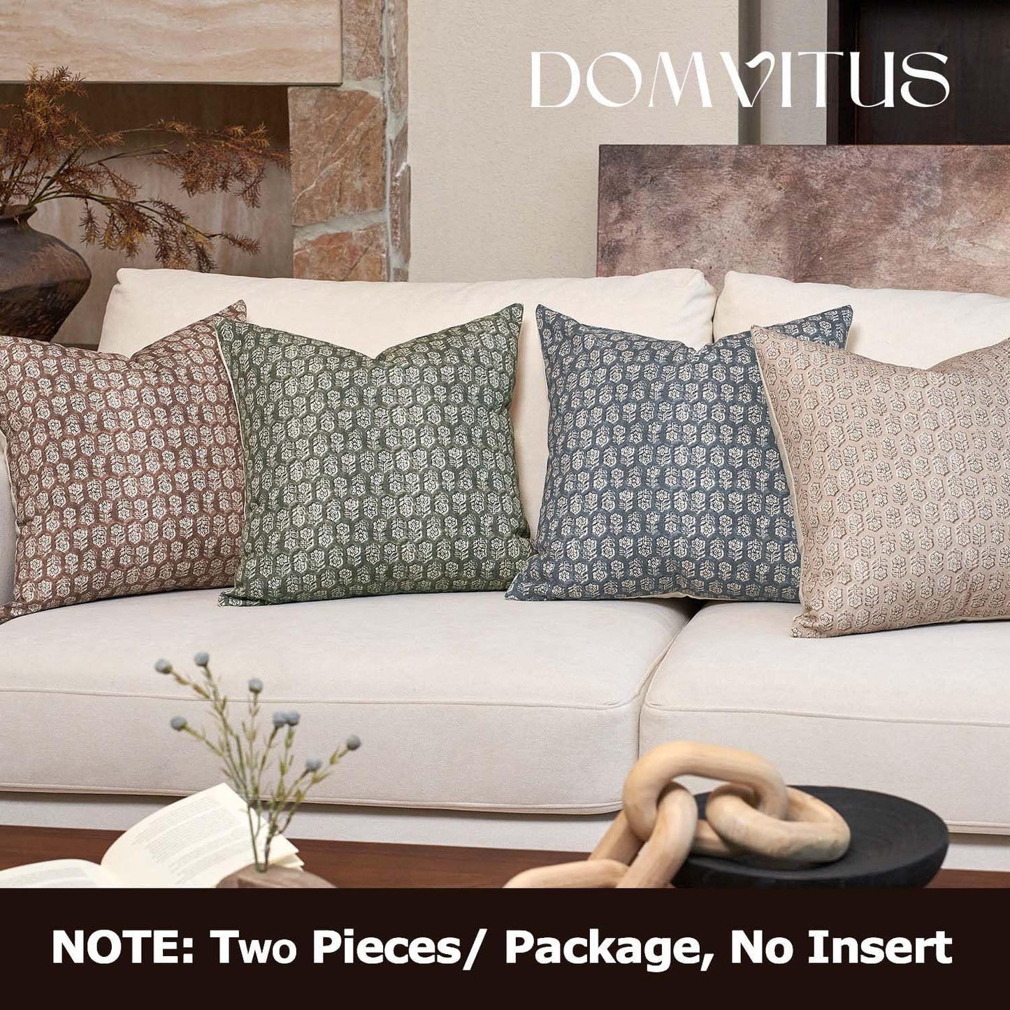 DOMVITUS Floral Pillow Covers Set of 2, Throw Pillow Covers 20x20, Floral Print Neutral Accent Decorative Pillow Covers for Living Room, Bed, Mineral Green