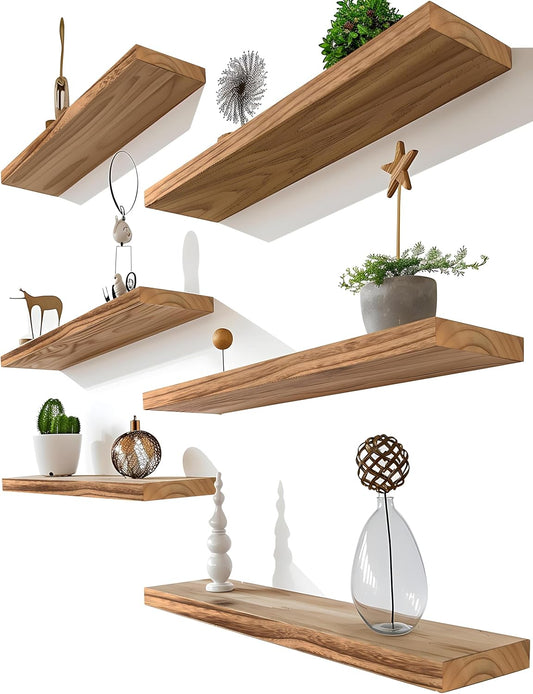 Light Wood Floating Shelves for Wall Rustic Wall Shelves for Bedroom Set of 6