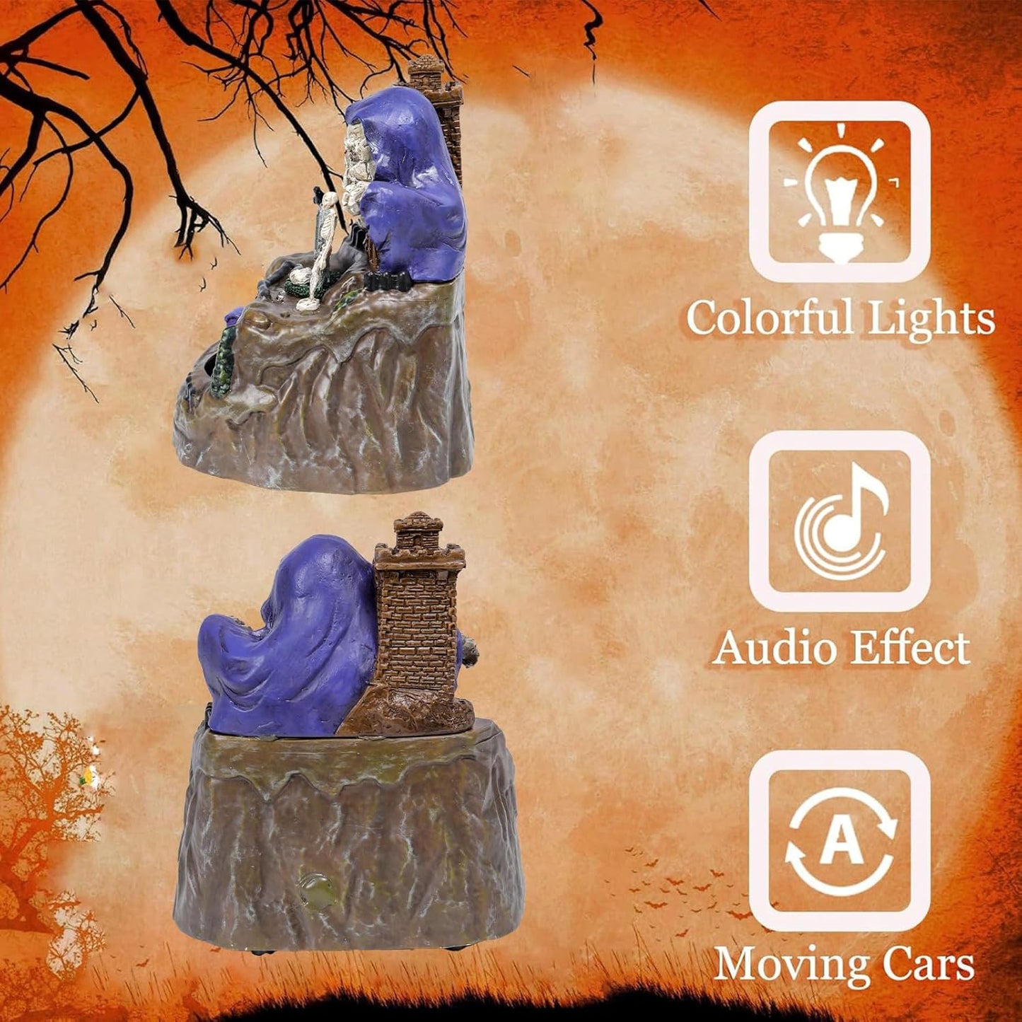 Bdor Halloween Tabletop Decoration with LED Lights and Moving Train – Spooky Skeleton Castle Animated Halloween Ornament, Skull Graveyard Scene, Light Up Haunted House Decor for Indoor Party Display