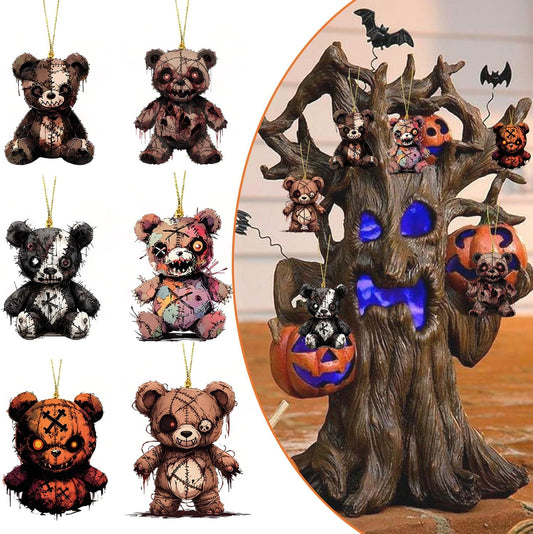 Halloween Tree Decoration, 6 Pcs Cute Acrylic Pendant, Terror Cartoon Bear Halloween Accessories, Funny Cartoon Christmas Tree Ornaments for Mini Decorations Indoor Outdoo