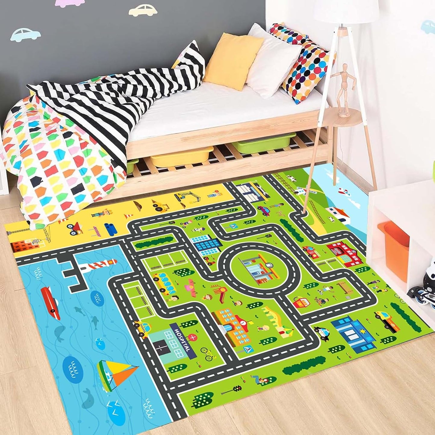 Kids Rug Playroom Car Rug Play Mat City Life Road Rugs Fun City Map for Kids Toy Cars,Carpet for Bedroom Boys (Green-Rug, 4x6ft)