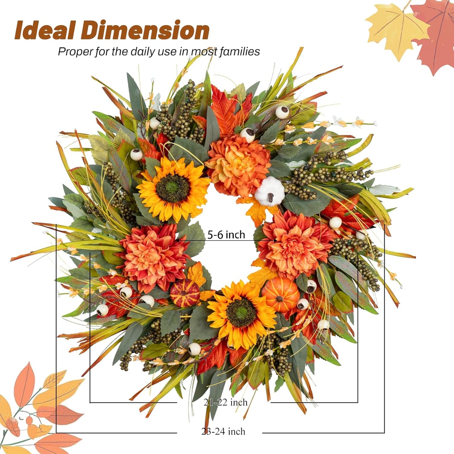 Fall Wreaths for Front Door 24 Inch Fall Wreath with Pumpkins, Sunflowers & Berries – Outdoor Autumn Wreath for Porch, Thanksgiving, Halloween & Harvest Decor
