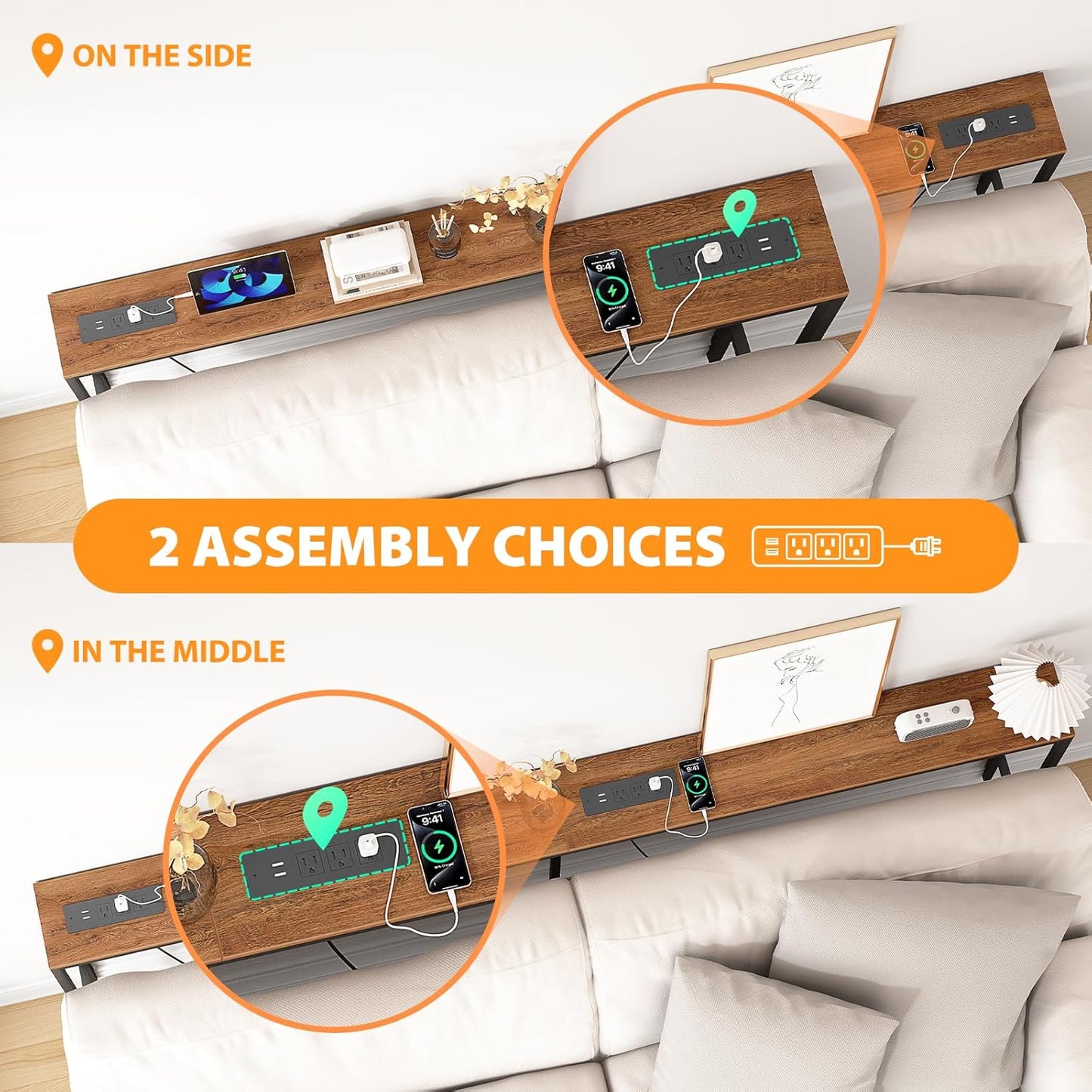 Narrow Sofa Table with 2 Power Outlets, 71” Thin Console Tables Narrow Long, Behind Couch Table Skinny, Wood Console Tables for Entryway, Living Room, Hallway, Foyer, Rustic Brown