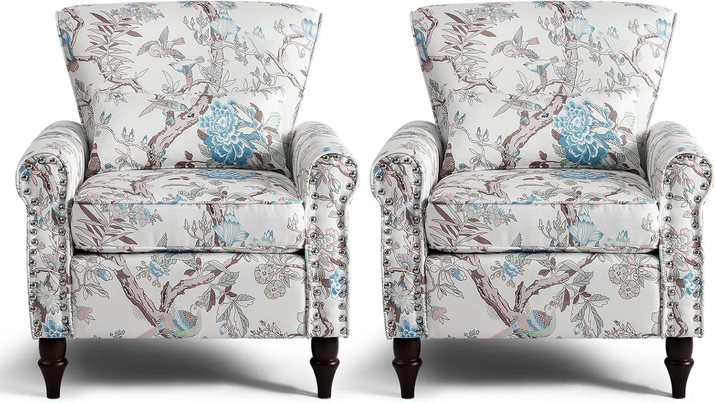 Wingback Accent Chair with Removable Pillow, High Back Floral Armchair with Solid Wood Legs & Nailhead Trim, Comfy Upholstered Reading Single Sofa Chair for Bedroom (2, Bird Floral Pattern)