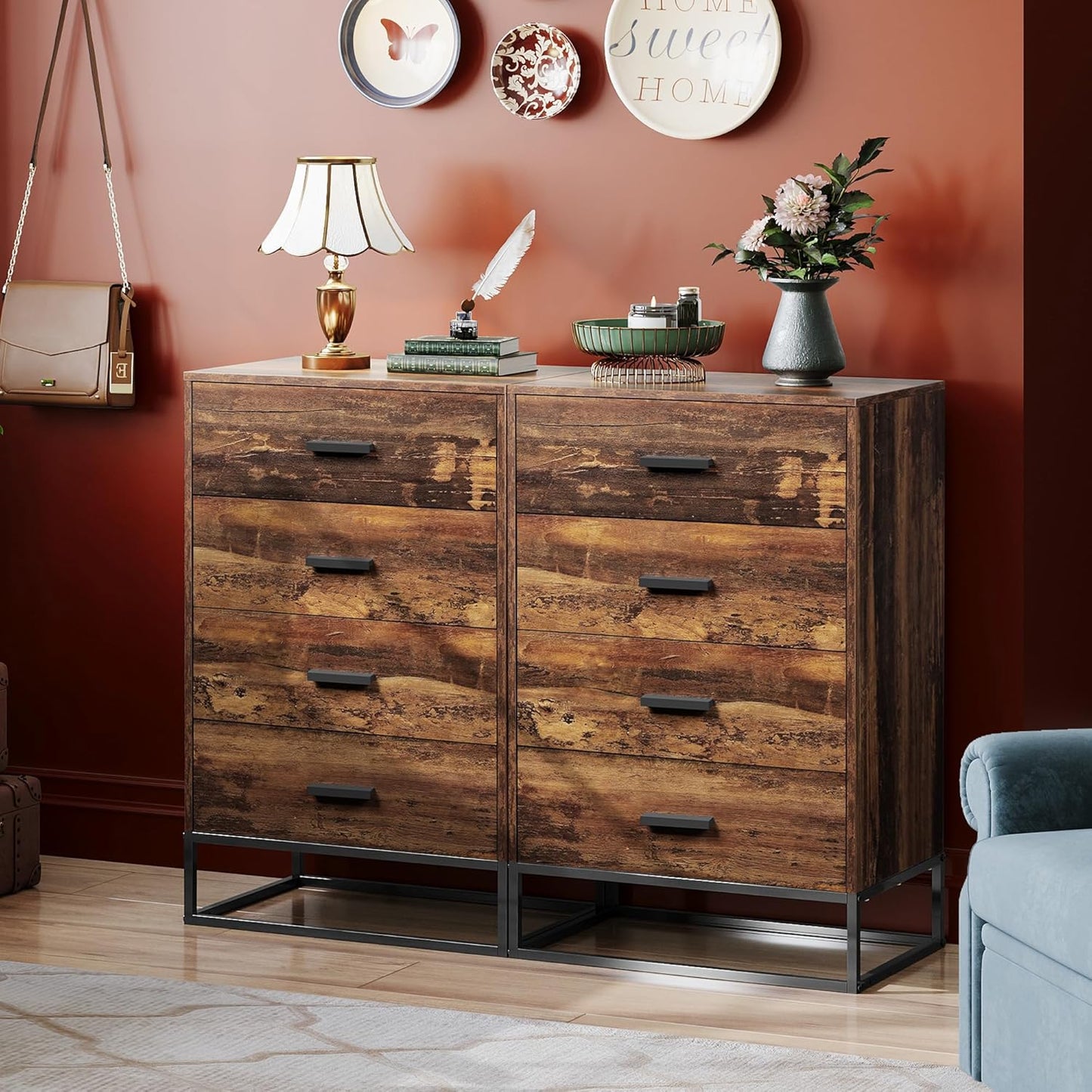 WLIVE Wood Dresser for Bedroom with 4 Drawers, Tall Dresser with Sturdy Metal Frame, Wooden Chest of Drawers for Hallway, Living Room, Closet, Brown Oak