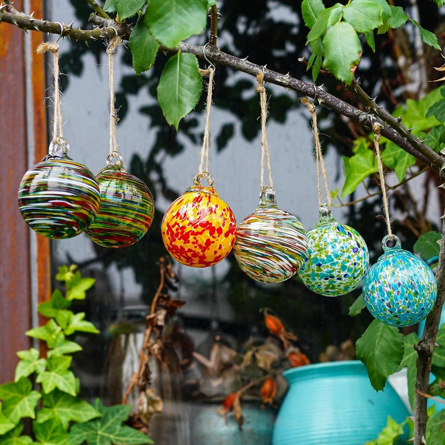 Set of 6 Hand Blown Glass Christmas Ornaments Hanging Gazing Ball Witches Ball Friendship Decor for Garden Patio Window