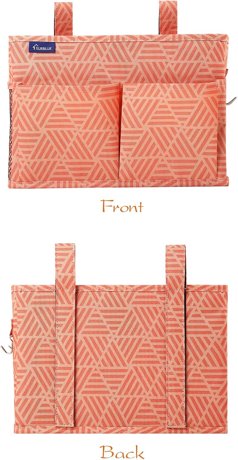 Surblue Bedside Caddy Hanging Bed Organizer Storage Bag Pocket for Bunk and Hospital Beds, College Dorm Rooms Baby Bed Rails,Camp Chiars，Wheelchair Side Bag，4 Pockets and 2 Hooks (Orange Plaid)