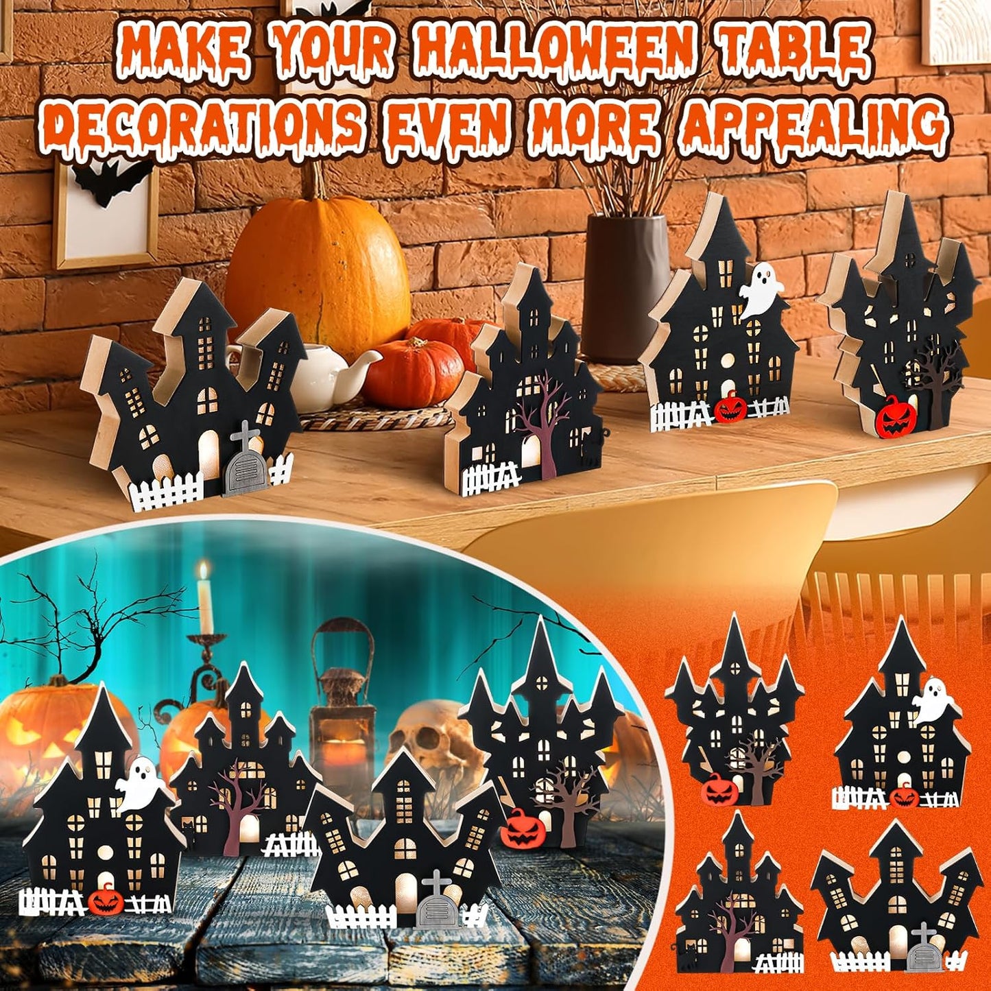 Bucherry 4 Pack Halloween Table Haunted House Decor Lighted Wooden Village Ghost House 3D Tabletop Decorations for Halloween Indoor Home Kitchen Desk Gift(Classic Style)