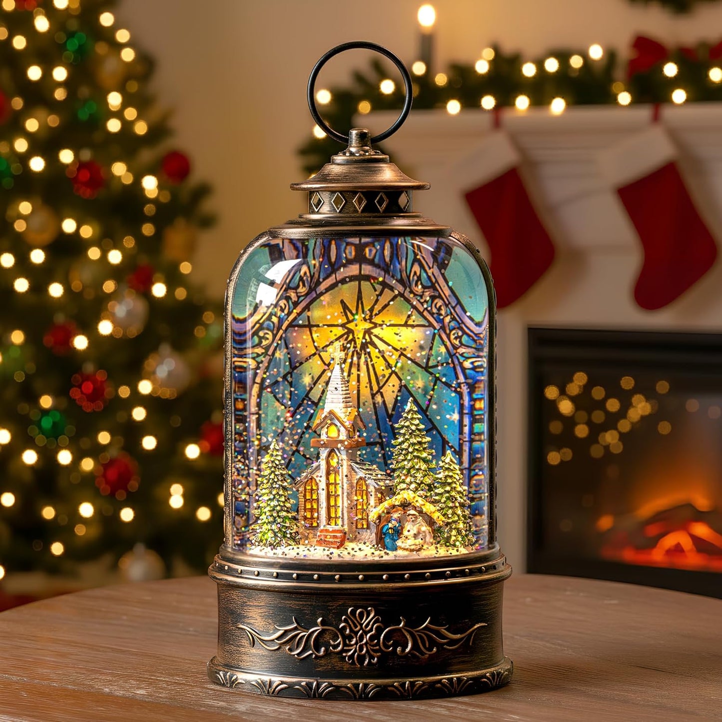 Christmas Snow Globe Lantern Water Glittering Churches & Holy Family with Music& Timer, USB Lined/Battery Operated Lighted Lantern for Christmas Festival Decoration Gifts