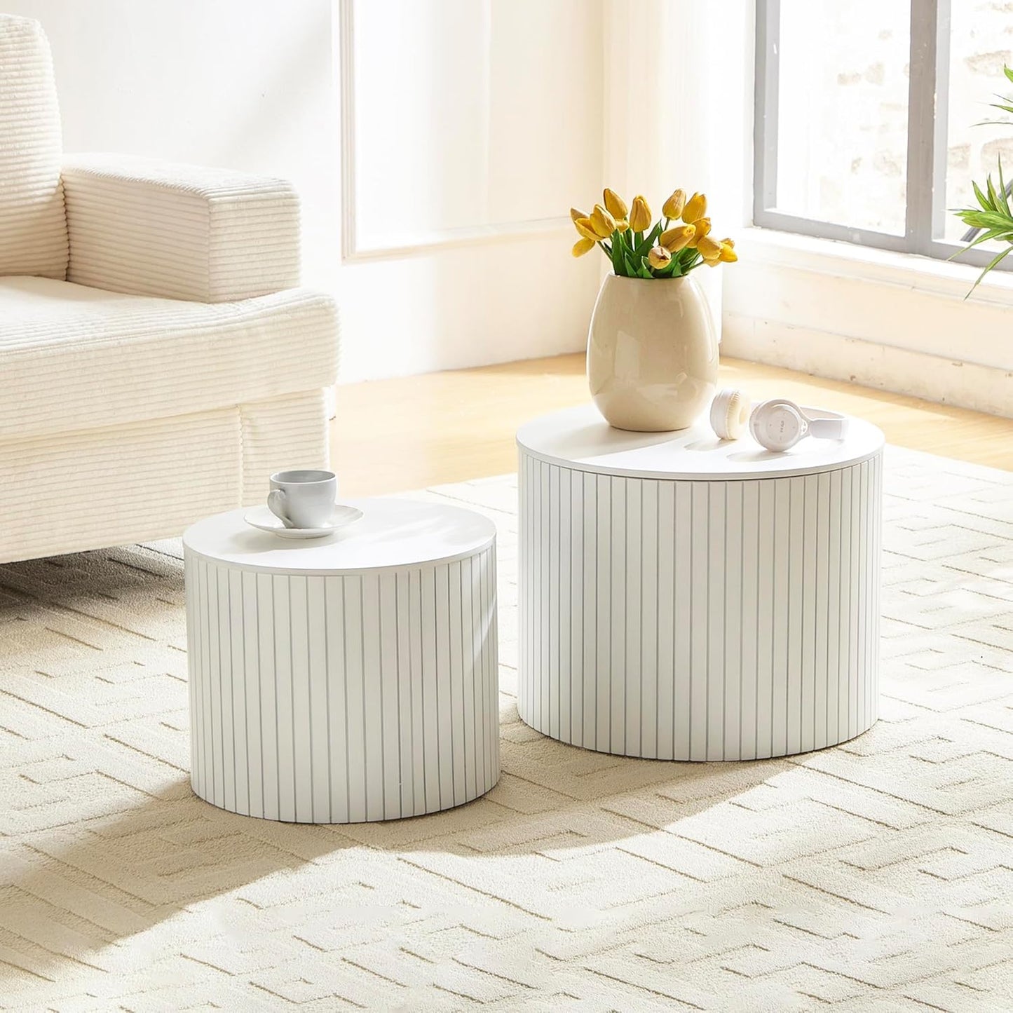 Round Coffee Table with Storage,19.17" Nesting Coffee Table Set of 2,Mid Century Modern End Table for Living Room,Side Table for Apartment,Office,Dorm(White)