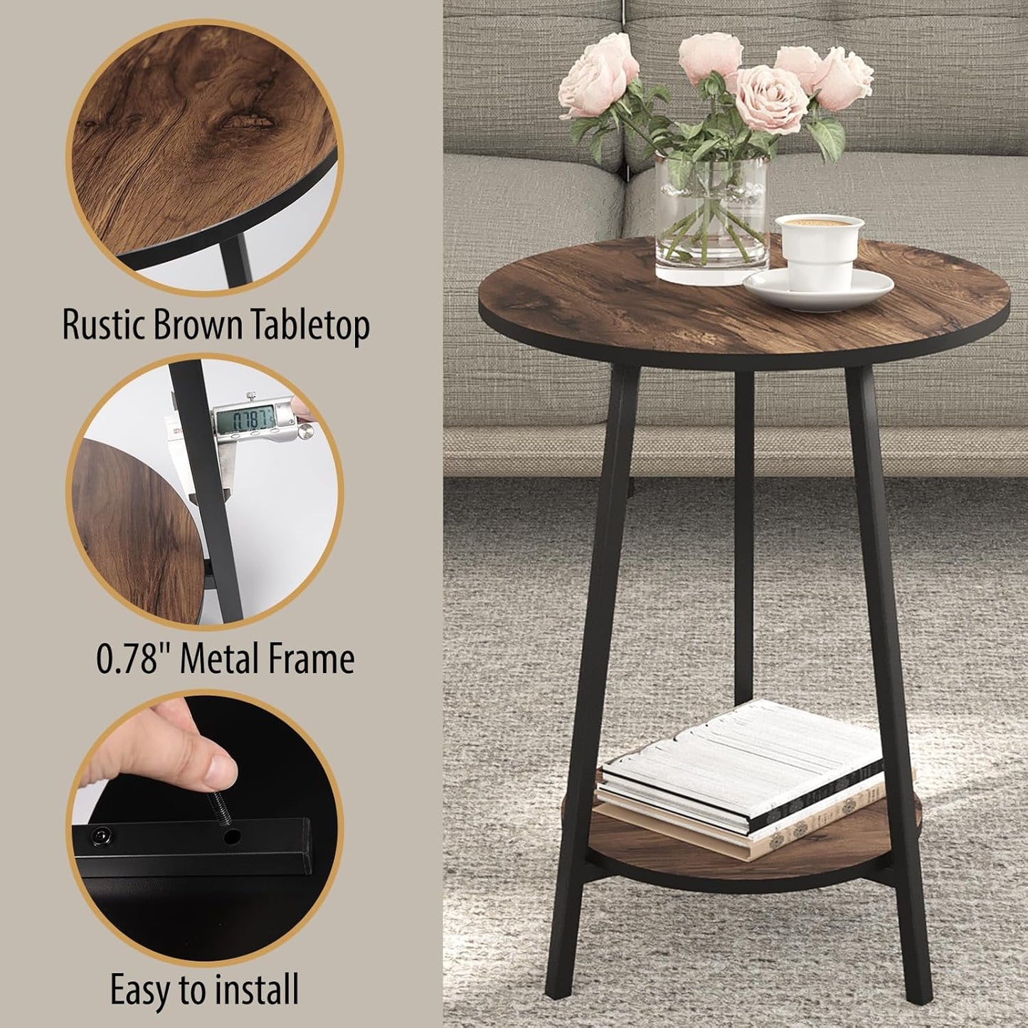 Side Table - Rustic End Couch Tables - Waterproof Metal Frame, Scratch-Resistant - Vintage Wood Color Tables for Sofa Living Room Bedroom Bedside Coffee Small Spaces