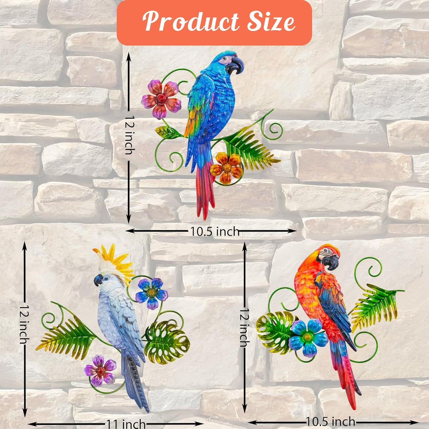 Metal Colorful Parrots Wall Art, 12 Inches Parrot Large Hanging Outside Decoration 3 Pack, Metal Bird Wall Decoration, Decor Outdoor Decorations for Yard, Garden Ornaments Patio Outside Porch Decor