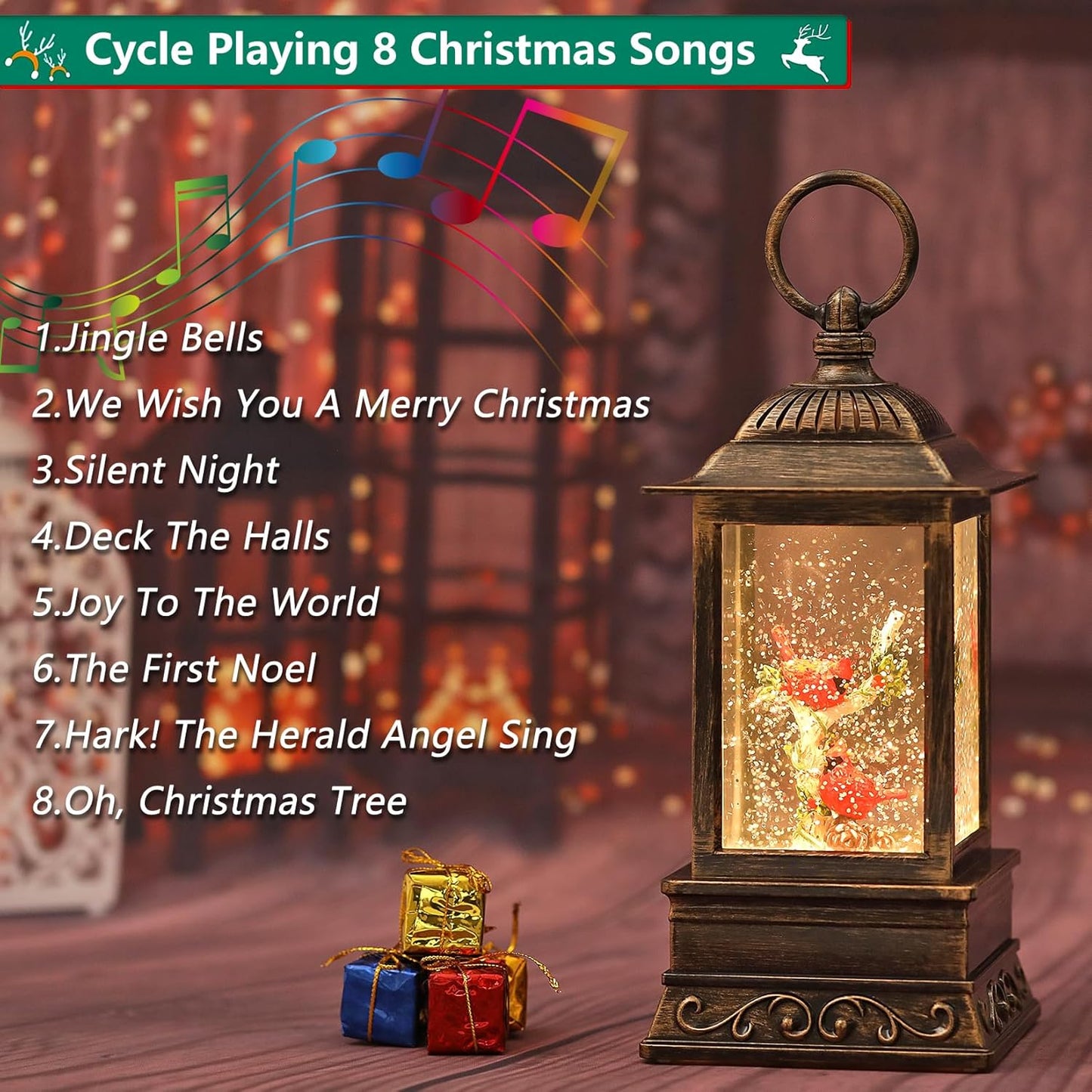 Christmas Snow Globe Cardinal Lantern, Glitter Lighted Christmas Decorations for Home with Music, Light Up Musical Snowglobe Cardinal Décor