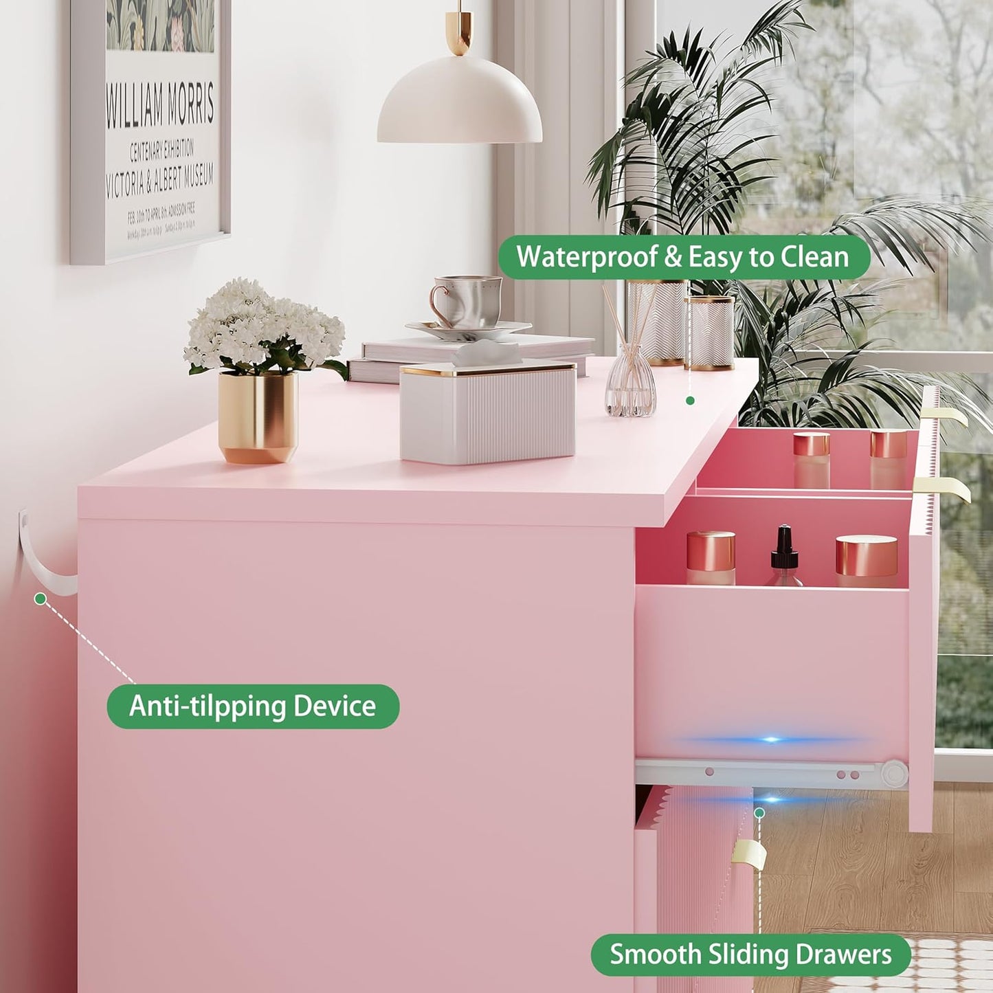 Fluted Dresser for Bedroom with 6 Drawers, 48" Wide Modern Chest of Drawers with Metal Handle, Wooden Dresser TV Stand, Wood Closet Clothes Storage Drawer Organizer for Living Room, Hallway, Pink