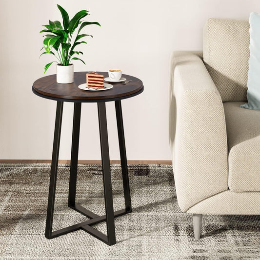 Side Table, Round End Table Vintage Brown Color MDF Top, Modern Coffee End Table for Living Room, Bedroom, Nightstand with Black Steel Frame for Small Spaces