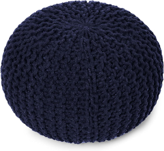 REDEARTH Round Pouf Foot Stool Bean Bag Ottoman - Cable Knitted Cord Boho Pouffe - Poof Accent Bean Bag - Handmade by Artisans for Living Room - Bedroom (19.5"x19.5"x14") - Navy Blue