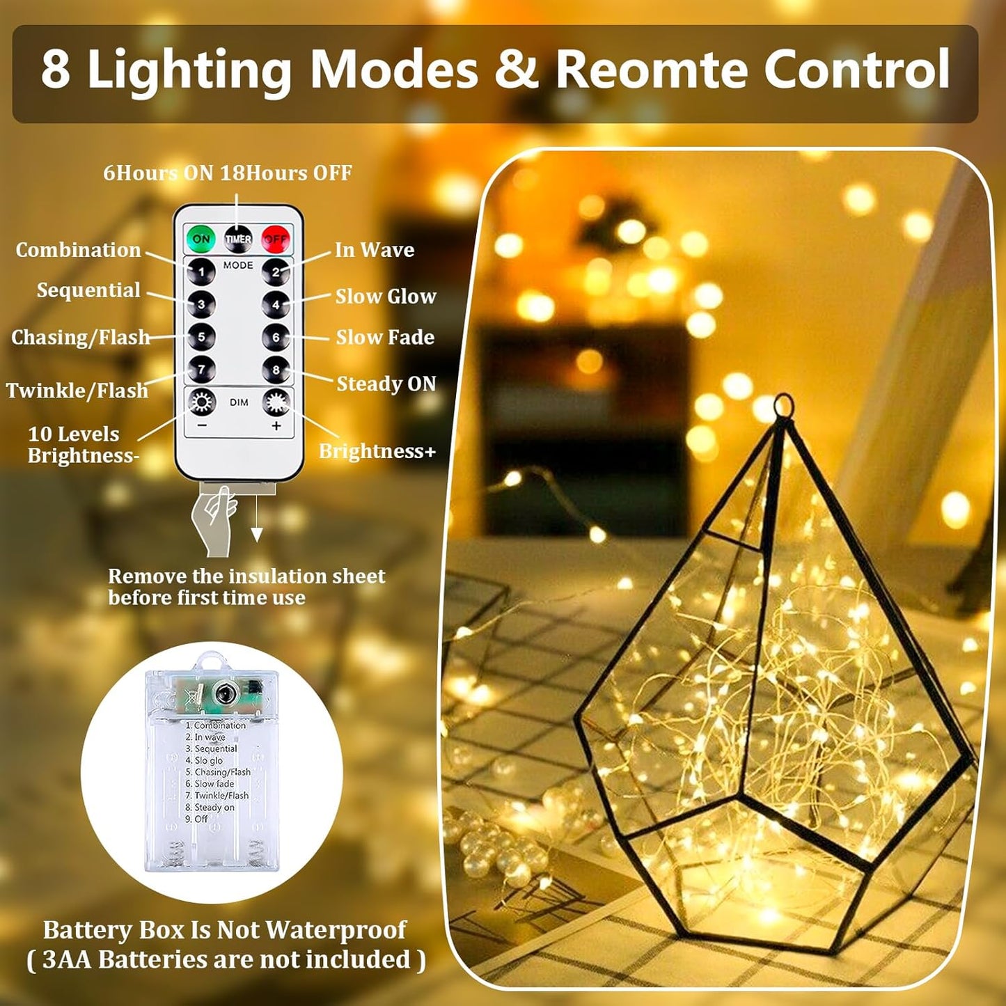 4-Pack Fairy Lights Battery Operated with Remote & Timer & 8 Modes, Waterproof 16 FT 50 LED String Lights Outdoor Indoor, Battery Twinkle Lights for Christmas Bedroom Centerpiece Décor (Warm White)