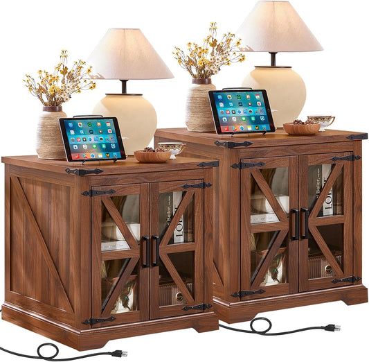 24" End Table Set of 2 with Charging Station, Farmhouse Night Stand with Glass Barn Door, Nightstands with Adjustable Storage Shelf, Large Wood Square Bed Side Table for Living Room,Bedroom