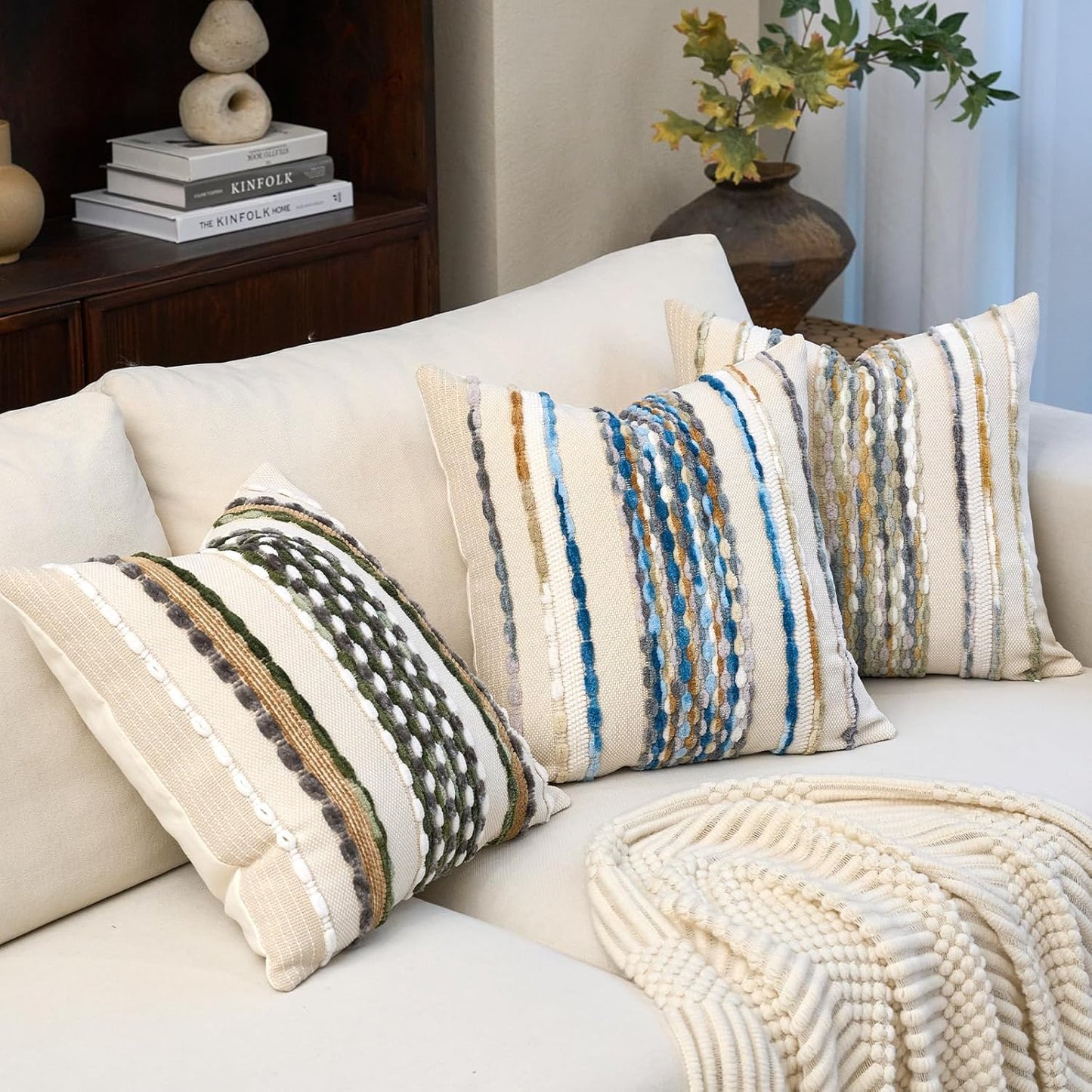 Aeckself Boho Pillow Covers 18x18 Inch Set of 2, Farmhouse Decorative Striped Square Chenille Tufted Accent Neutral Throw Pillow Covers for Living Room Couch Bed, Green